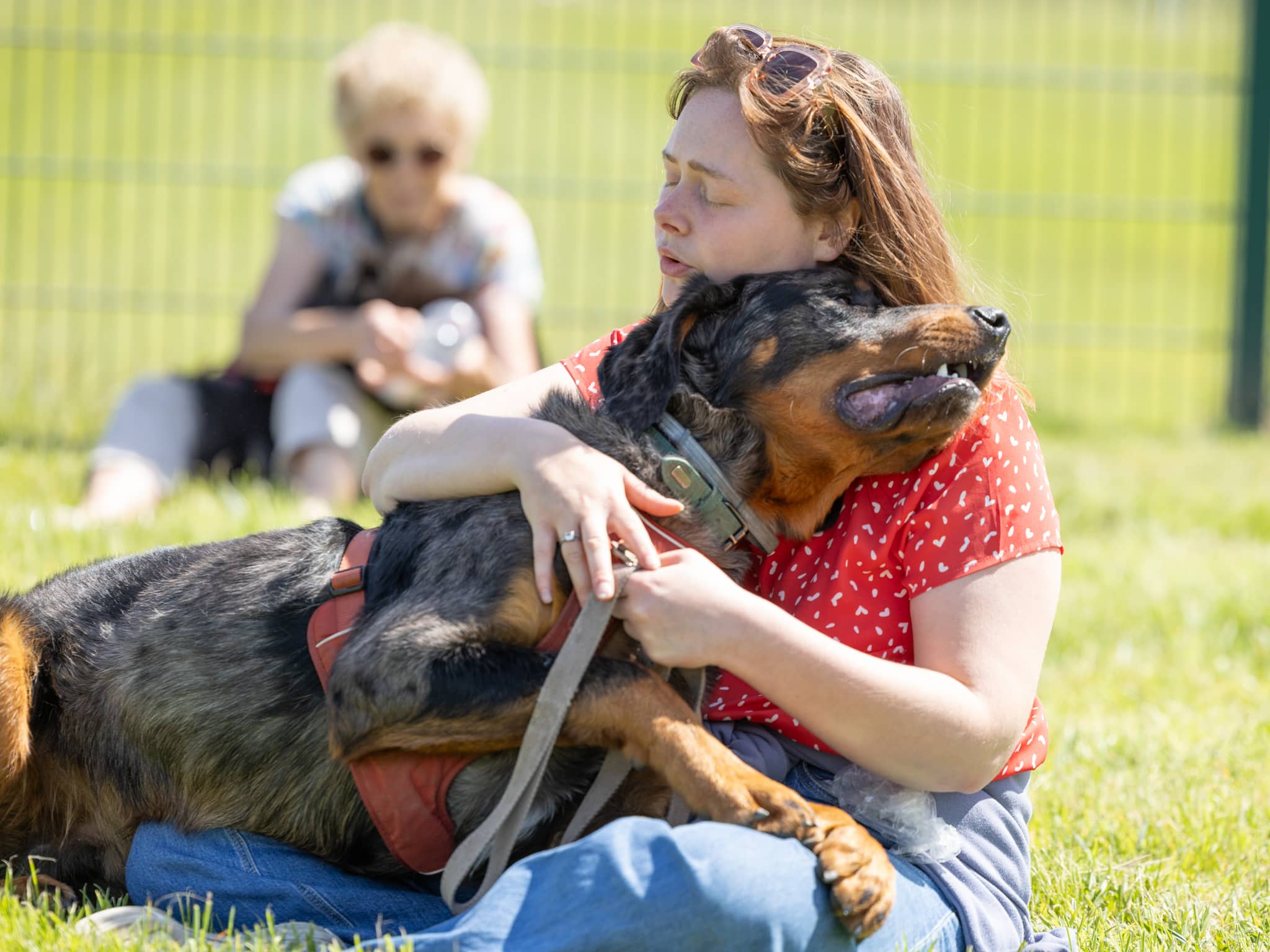Une maîtresse en tee-shirt rouge câline son chien allongé sur elle pendant une séance collective en extérieur au soleil